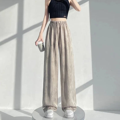 Summer Thin Ice Silk Satin Dyed Wide Leg Pants Women Loose Casual Drape High Waist Slimming Pants Ins Straight Leg Elastic Wa...