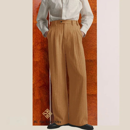 Men's High-Street Vintage Striped Pants Drapey Silhouette Melange Old Money Style Elegant Casual Trousers for Gentlemen Fashion