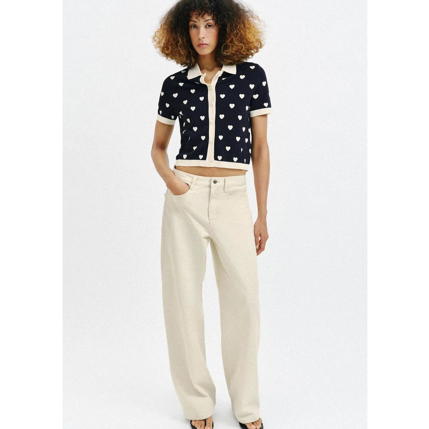 New Summer Women's Street Style  Shirt Turn-down Collar Short Sleeve Color Block Heart Pattern Embroidery Casual Top