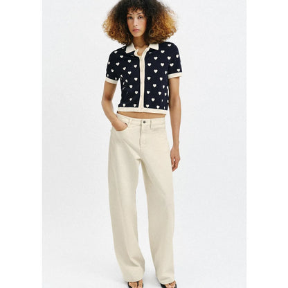 New Summer Women's Street Style  Shirt Turn-down Collar Short Sleeve Color Block Heart Pattern Embroidery Casual Top