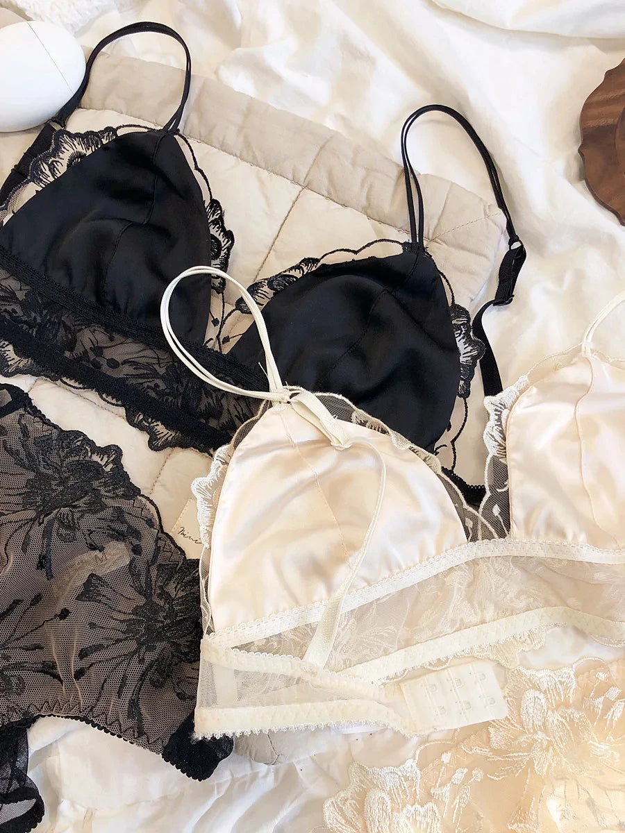 2 Pieces Sexy Lace Flowers Embroidery Underwear Set Women Ultra Thin Bra Set Wireless Comfort Brassiere Japan Intimate Lingerie