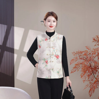 Plus Size Mother's Vest Spring Asian style print Top Elderly Women's Casual Sleeveless Jacket  Waistcoat