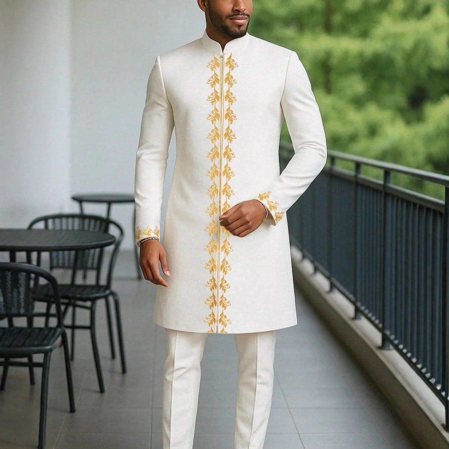 Fashionable Ethnic Embroidered Long Sleeve Long Pants Suit for Men New 2026 Style Summer Season round Neck Single Button Closure