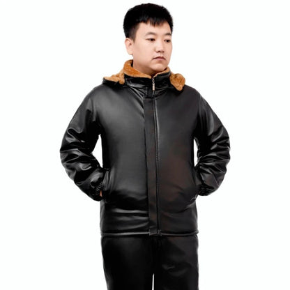 Luxury Black Leather Jacket Wool Lining Warm Men's Clothing Casual Hooded Jacket PU Leather Coats Windproof Outerwear New Chic
