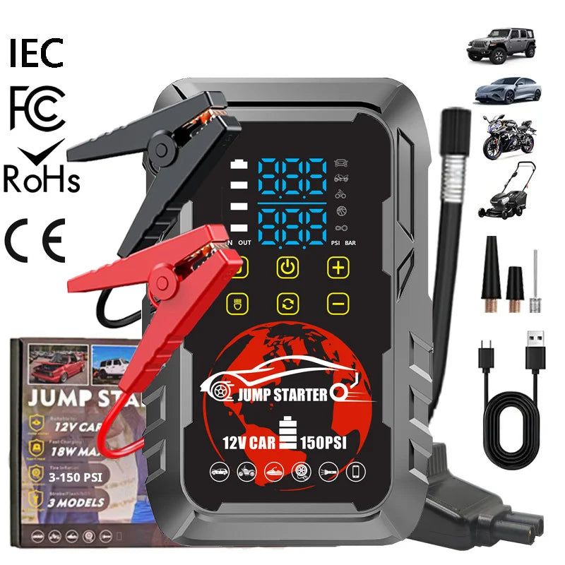 All-in-One Car Jump Starter with Digital Tire Inflator, Built-in Air Pump and Battery Booster, 12V Portable Power Bank for Gas.