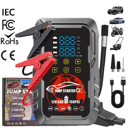 All-in-One Car Jump Starter with Digital Tire Inflator, Built-in Air Pump and Battery Booster, 12V Portable Power Bank for Gas.