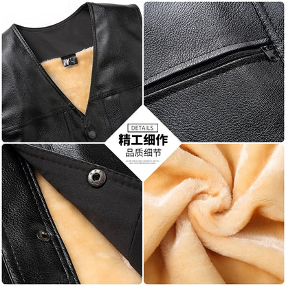 2025 Winter Men Thick Warm Fleece Leather Vest Coat  Male V-Neck Single Breasted Vest Casual Male Clothing Outerwear