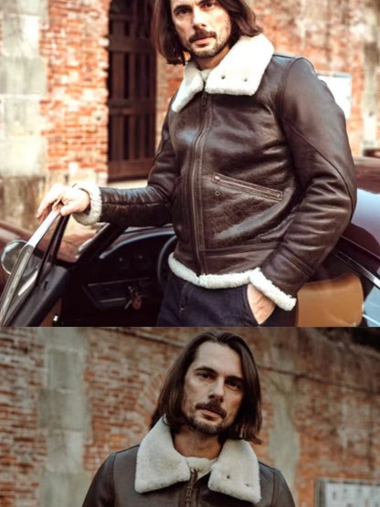 Turkish Authentic Sheepskin Leather Jacket Vintage Cracked Texture Winter Warmth And Style Ideal Choice