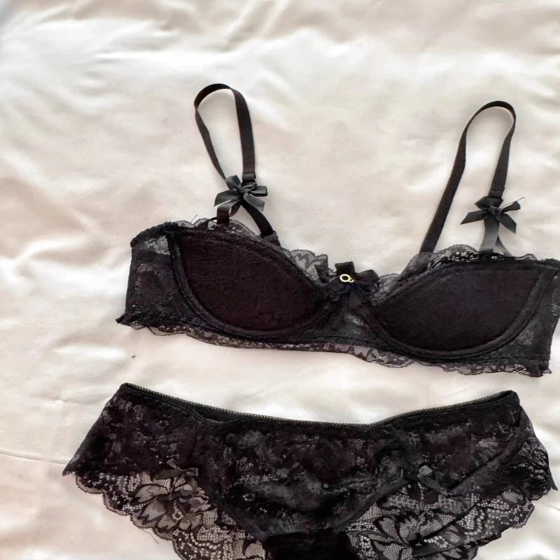 Sexy Lace Half Cup Bra Set Women Soft Underwire Gathered Thin Push Up Lightweight Exquisite Lace Comfort Lingerie Set 4 Colors