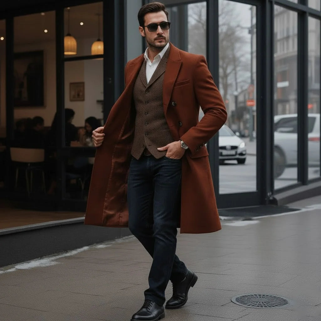 Men's Premium Mid-Length Double Breasted Woolen Coat Heavyweight Thickened Warm Lined Jacket for Winter