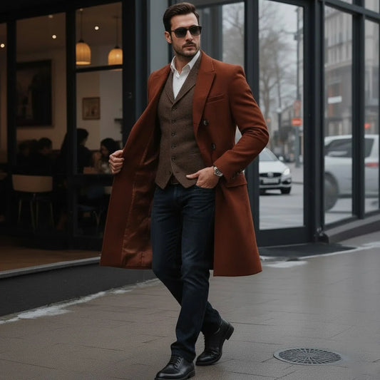 Men's Premium Mid-Length Double Breasted Woolen Coat Heavyweight Thickened Warm Lined Jacket for Winter