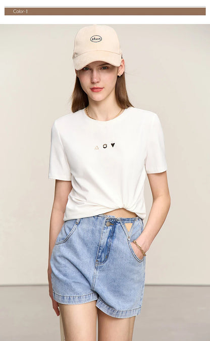 Amii Minimalist T-shirt Women's Tops O-neck Short Sleeves Geometric Decoration Antibacterial Cotton Elastic Casual Tees 12521088