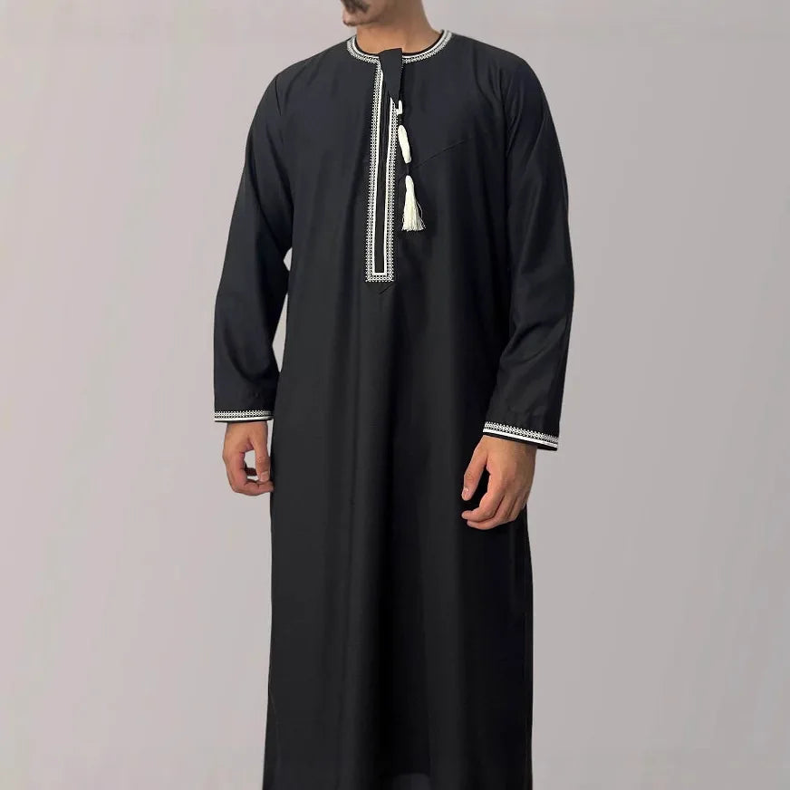 2026 New Round Neck Embroidered Omani Robe Arabic Saudi Men Long Sleeve Thobe  Islamic Clothing Ropa Islamica Hombre
