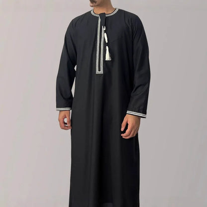 2026 New Round Neck Embroidered Omani Robe Arabic Saudi Men Long Sleeve Thobe  Islamic Clothing Ropa Islamica Hombre