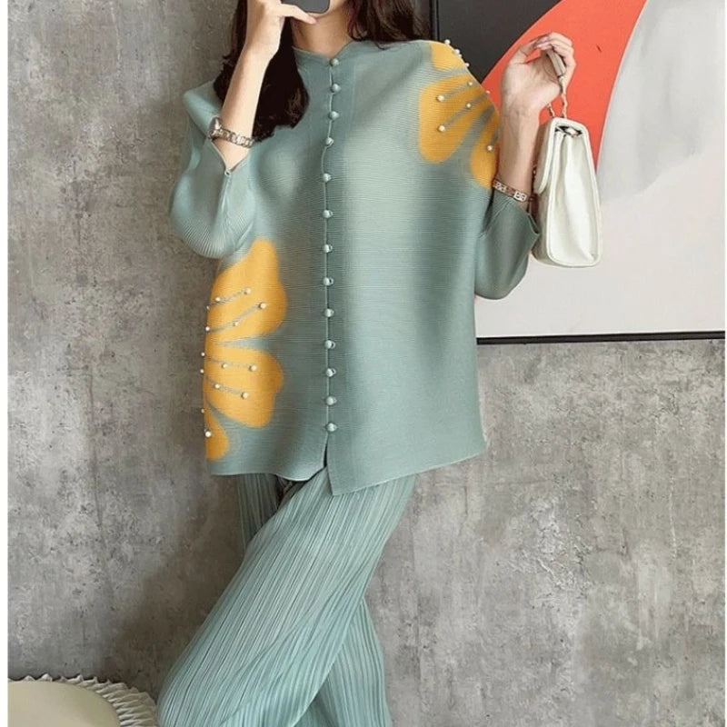 Women's Clothing Miyake Pleats Fashion Cardigan Top Summer Style Loose Fit Batwing Sleeves Printed Shirt Winter Clothes Women