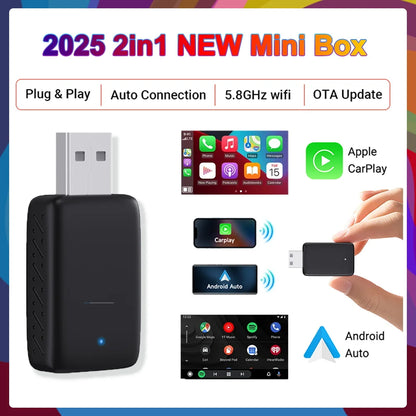 Smart 2in1 CarPlay Android Auto Adapter, Universal Mini Wireless Dongle for Car Entertainment System, Plug and Play Upgrade Wire