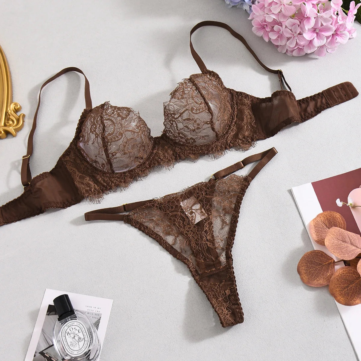Ellolace Solid Lingeries Sexy Hot Elegant Bra Belt Thong 3PC with Leg Circles Cute Intimate Seductive Lace Tempted Underwear