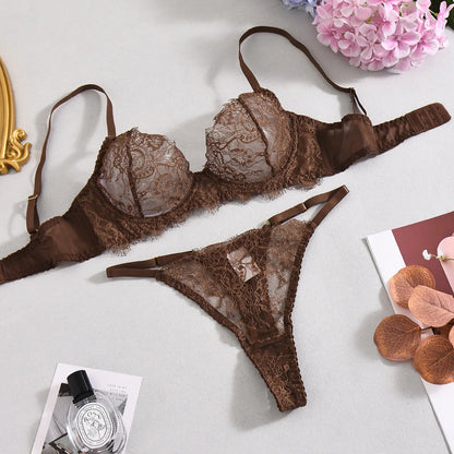 Ellolace Solid Lingeries Sexy Hot Elegant Bra Belt Thong 3PC with Leg Circles Cute Intimate Seductive Lace Tempted Underwear