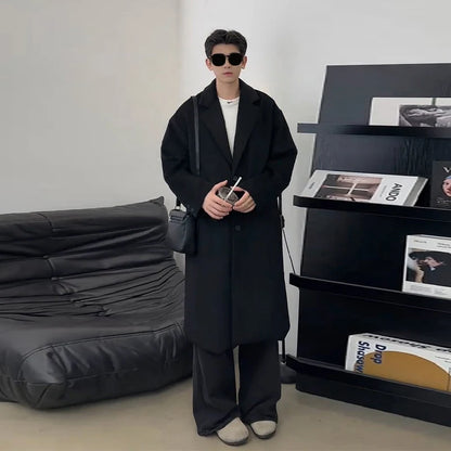Thickened Mid-Length Woolen Men's Coat Black Intellectual Style Korean British Fashion Winter Outerwear Warm Long Sleeve Coat