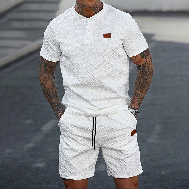 Men Knit Jacquard Henley 2 Piece Set Short Sleeve Drawstring Waist Breathable Lightweight Summer Daily Sport Travel Tracksuit