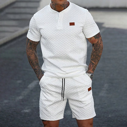 Men Knit Jacquard Henley 2 Piece Set Short Sleeve Drawstring Waist Breathable Lightweight Summer Daily Sport Travel Tracksuit