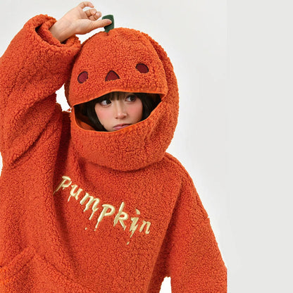 2025 Autumn Pumpkin Hoodies Halloween Party Pumpkin Head Lamb Fleece Women Hooded Sweatshirt Embroidery Thicken Streetwear