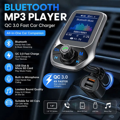 Bluetooth FM Transmitter Handsfree 1.8'' TFT Display Car radio MP3 Music USB SD EQ Player Built-in Mic Quick Charge 3.0 Adapter