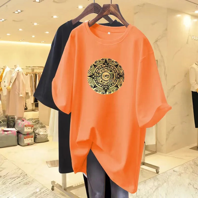 Women Fashion Pure Cotton Y2k Short Sleeve T-shirt Summer Casual Loose Paisley Printing Top Tee Office Lady Basic Pullover M-6XL