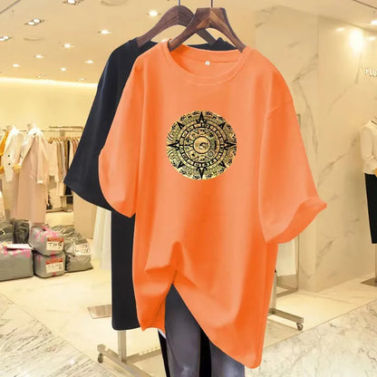 Women Fashion Pure Cotton Y2k Short Sleeve T-shirt Summer Casual Loose Paisley Printing Top Tee Office Lady Basic Pullover M-6XL