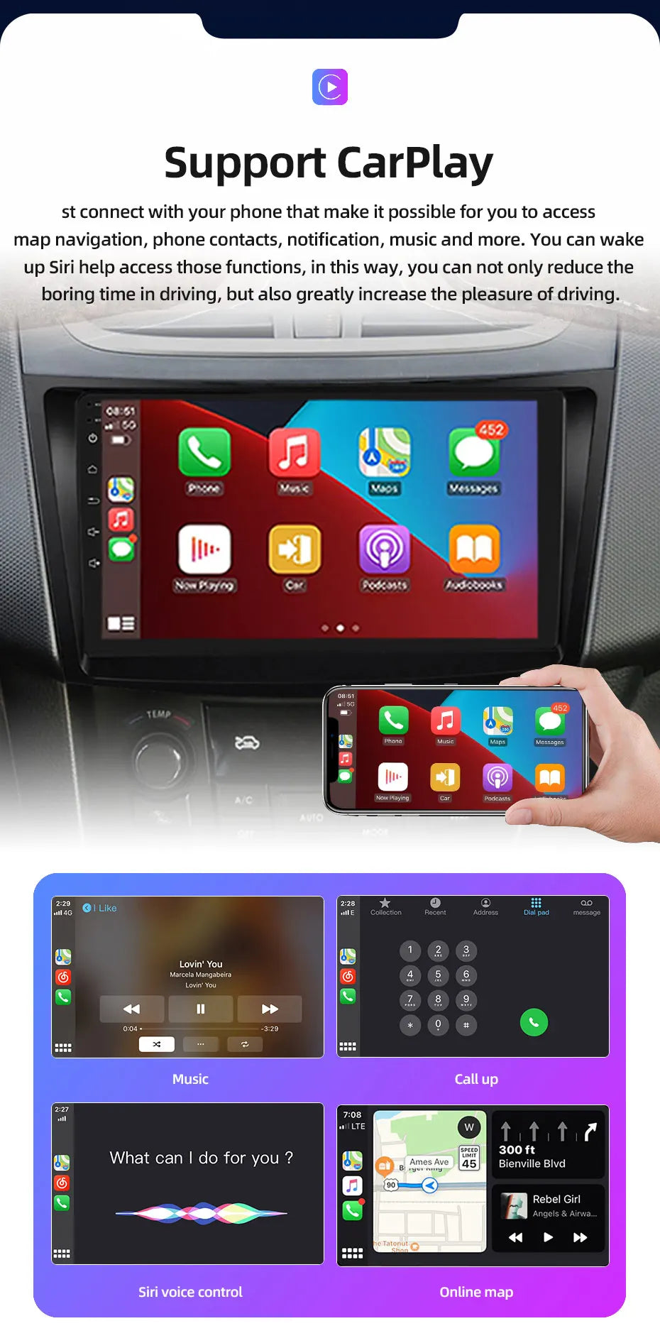 JUNDOF 9" CarPlay 2DIN Android Auto Car Radio Stereo For Suzuki Swift 2011 2012 2013 2014 2015 2016GPS Multimedia Video Player