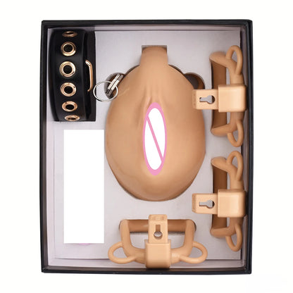 FRKO Real Pussy Labia Sissy Chastity Cage Set 정조대 4 Size Penis Ring Belt Lock Cock Anal Plug Pussy Worship Sex Toys For Men BDSM