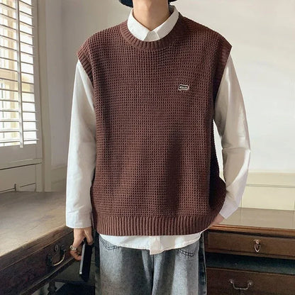 Knitted Sweaters for Men Hippie Black Vest Crewneck Man Clothes Waistcoat Round Collar Sleeveless Warm New in S Over Fit Knit X