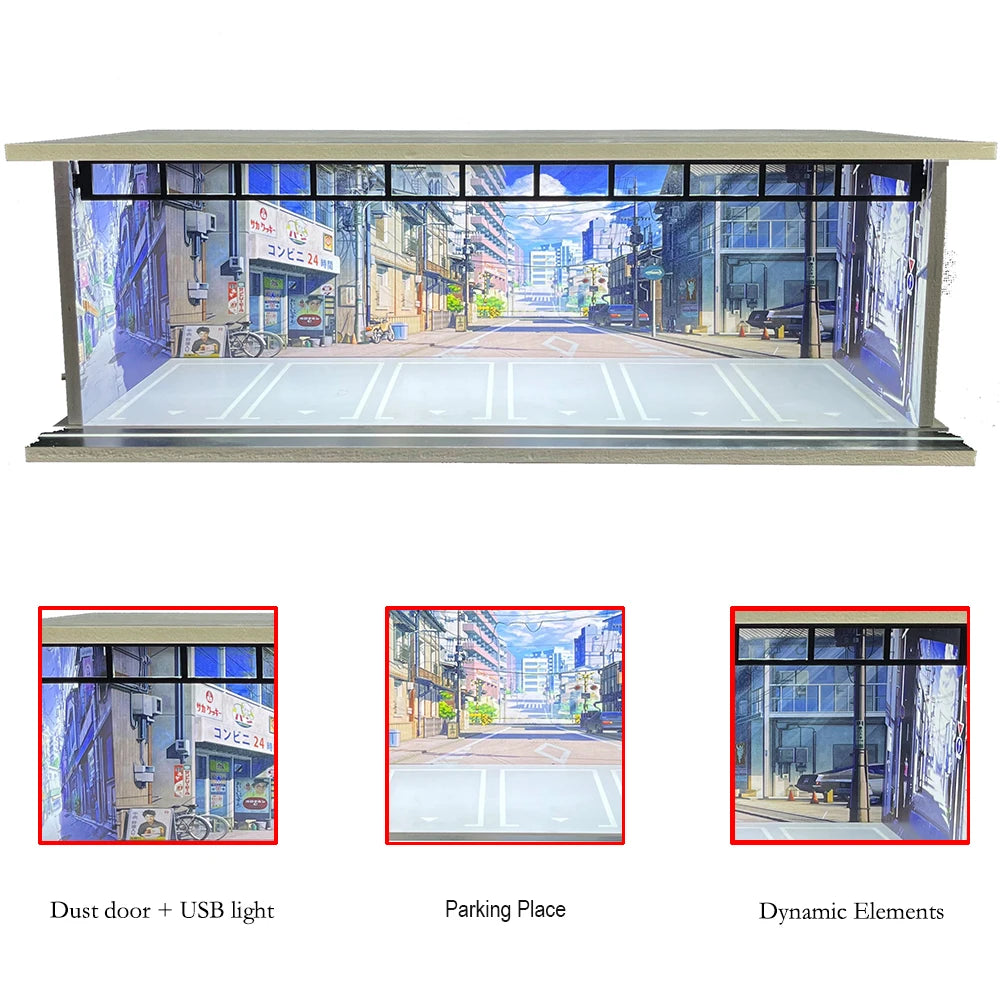 1/64 Scale Diecast Car Garage Diorama Model Miniature Case LED Light Parking Garage Diorama Kit for Collectible Cars Model