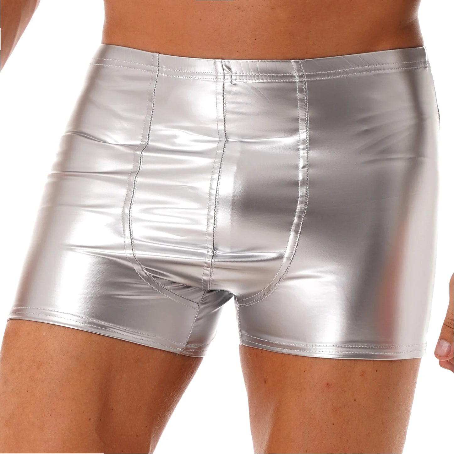 Men Latex PVC Shiny Leather Solid Shorts Pole Dance Costume Bulge Pouch Boxer Briefs Underpants Underwear Short Pants Clubwear