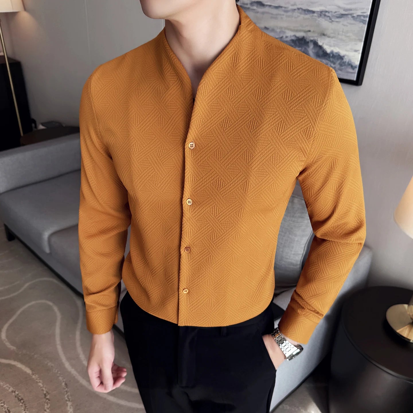 New Chinese Style V-neck Shirt Men's Long Sleeved Slim Fit Casual Business Stand-up Shirts High Quality Dress Tops Shirt 4XL-M