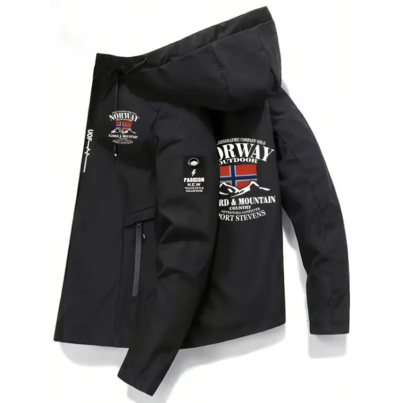 2025 New Men's Polyester Jacket with Norway Letters Print Hooded Outwear