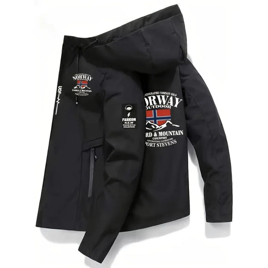 2025 New Men's Polyester Jacket with Norway Letters Print Hooded Outwear