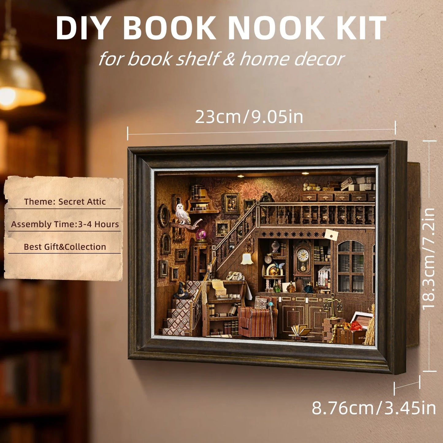Book Nook Kit Secret Attic DIY 3D Wooden Puzzle Bookshelf Insert Dollhouse Model Bookend Building Home Decoration  Photo Frame