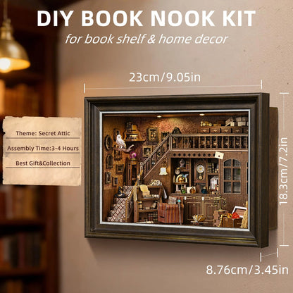 Book Nook Kit Secret Attic DIY 3D Wooden Puzzle Bookshelf Insert Dollhouse Model Bookend Building Home Decoration  Photo Frame