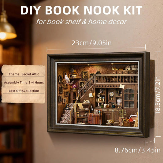 Book Nook Kit Secret Attic DIY 3D Wooden Puzzle Bookshelf Insert Dollhouse Model Bookend Building Home Decoration  Photo Frame