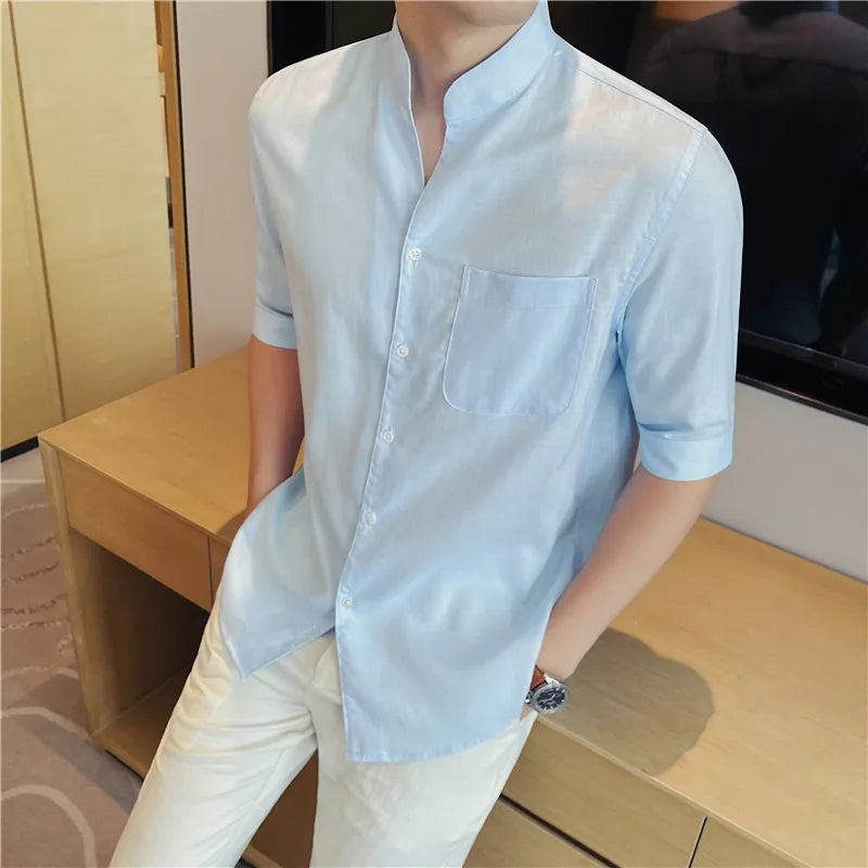 Men's Premium Linen Blend Mandarin Collar Shirt – 7A Antibacterial, Breathable & Cool-Touch Short Sleeve Button-Up