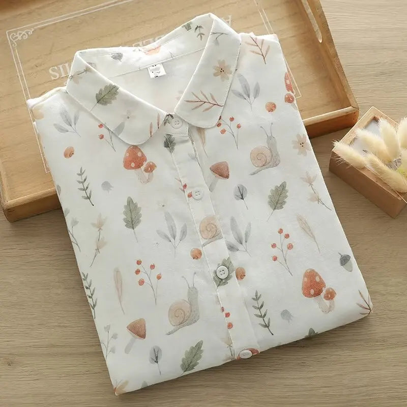 Fresh Women's Mushroom Printed Shirt 2024 New Lady Loose Cotton Long Sleeve Flower Print Shirts & Blouses Female Tops Clothes
