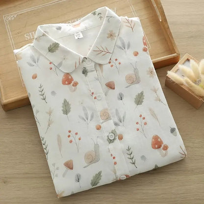 Fresh Women's Mushroom Printed Shirt 2024 New Lady Loose Cotton Long Sleeve Flower Print Shirts & Blouses Female Tops Clothes