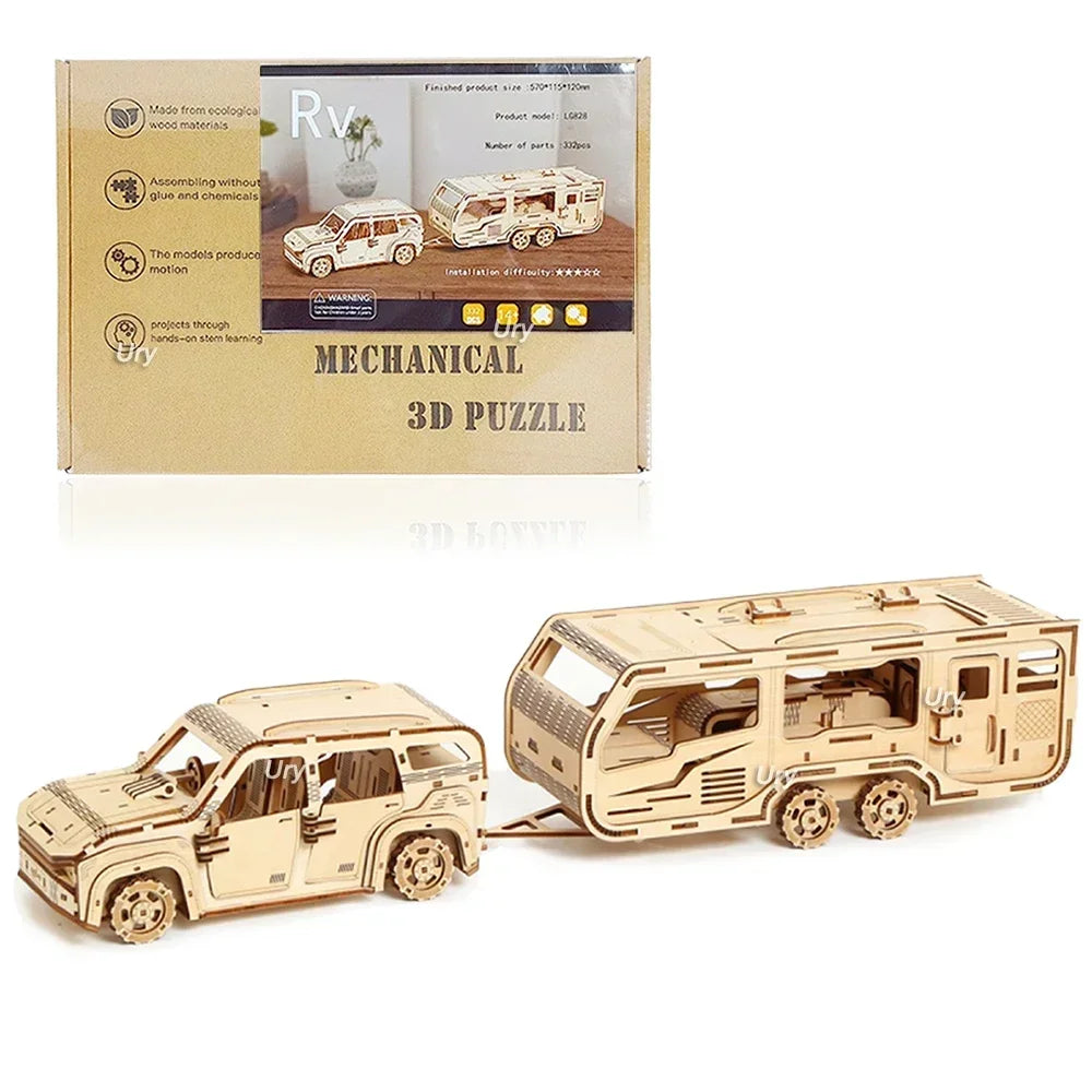 Ury 3D Wooden Puzzle Movable Retro Biplane Crane Bulldozer Handmade Assembly Truck Model DIY Toys Decoration Gift For