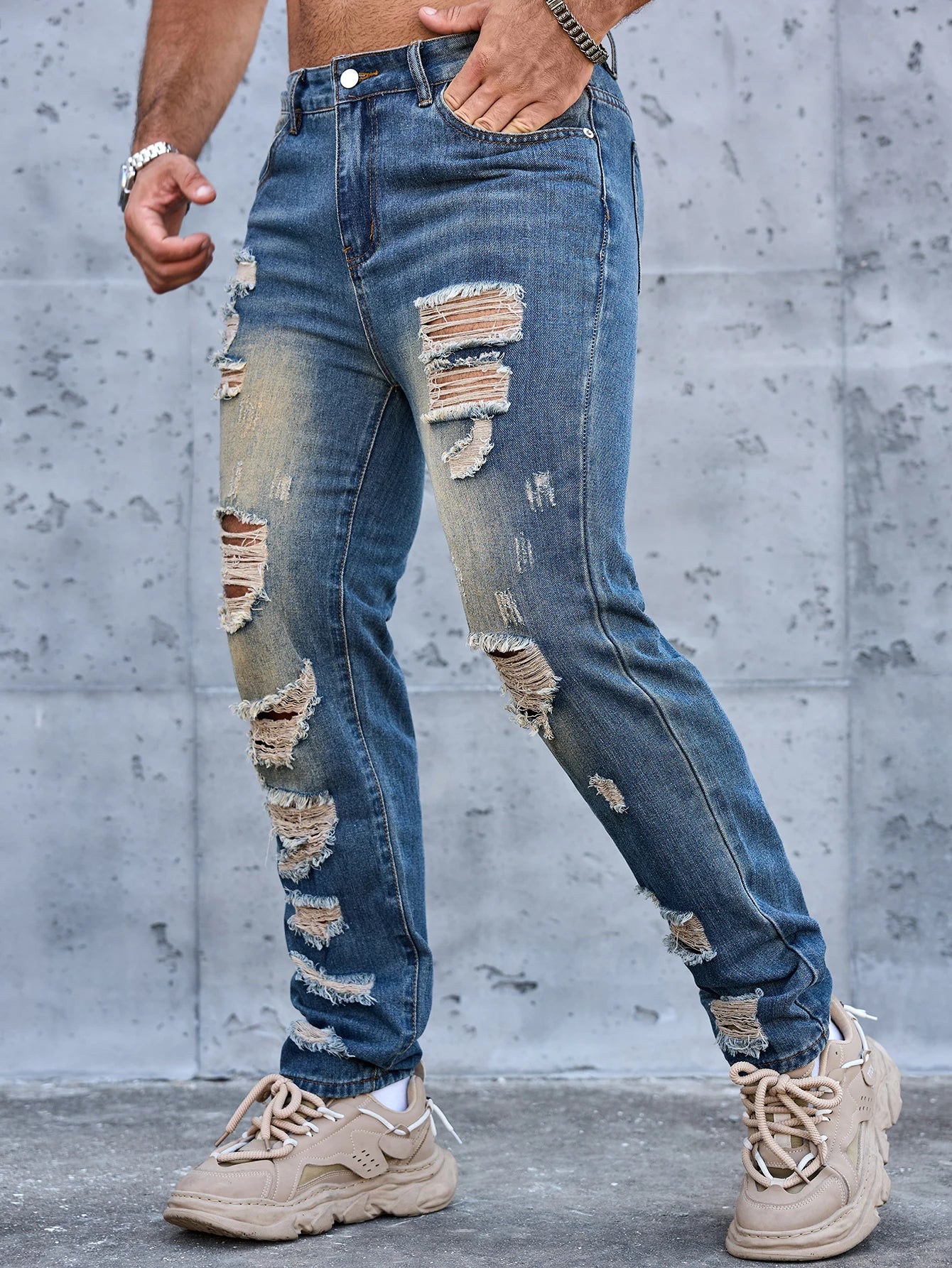 Men Denim Jeans Pants Clothing Trousers Men's Vintage Washed Ripped Straight Leg Denim Jeans