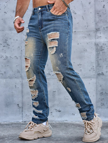 Men Denim Jeans Pants Clothing Trousers Men's Vintage Washed Ripped Straight Leg Denim Jeans