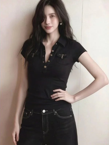 American Retro  Collar Short Sleeve T-Shirt Women Summer Slim Fit Waist Cinching Short Length Pocket Top Casual Wear