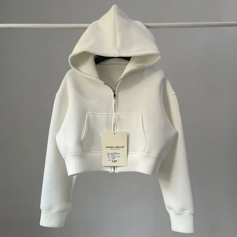 Trendy American Hot Girl  Color Air Layer Loose Hoodie Women Spring Autumn Sports Belly Short Top Polyester Spandex