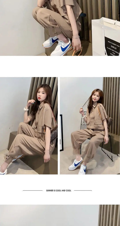 Fashionable Youthful Workwear Career Two-Piece Set Summer New Light Maturity Hepburn Style Quality Polyester Fiber Long Pants