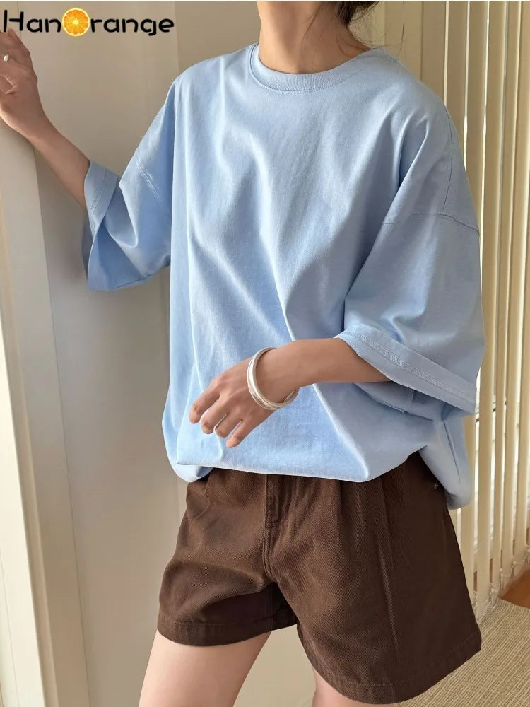 HanOrange 2026 Summer Minimalist Silhouette Short Sleeve Cotton T-shirt Women Loose Relaxed Casual Top Tees White/Yellow/Blue